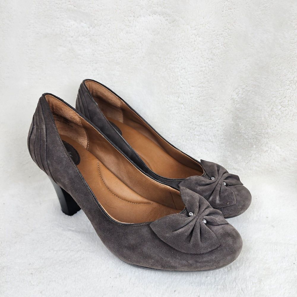 Clarks Womens Brown Suede Leather Bow Mid Heels Cushioned Slip-On Heels Pumps 9M